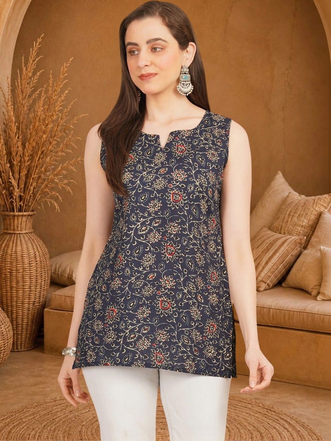 Anouk Rustic Botanical Printed Boat Neck Pure Cotton Blend Khadi Kurti-picture-12
