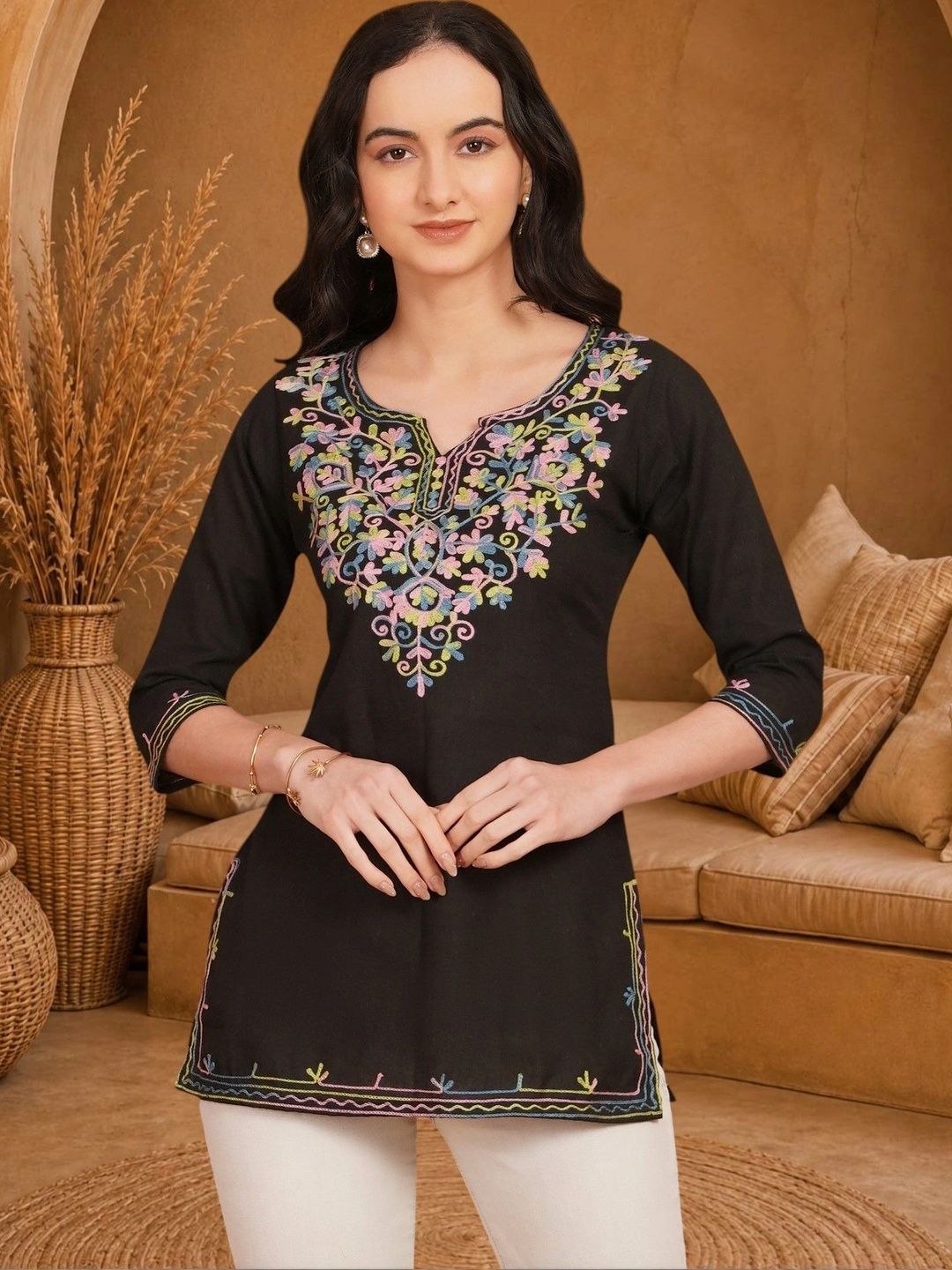 Anouk Rustic Ethnic Motifs Embroidered V-Neck Thread Work Pure Cotton Blend Khadi Thread Work Kurti-picture-40