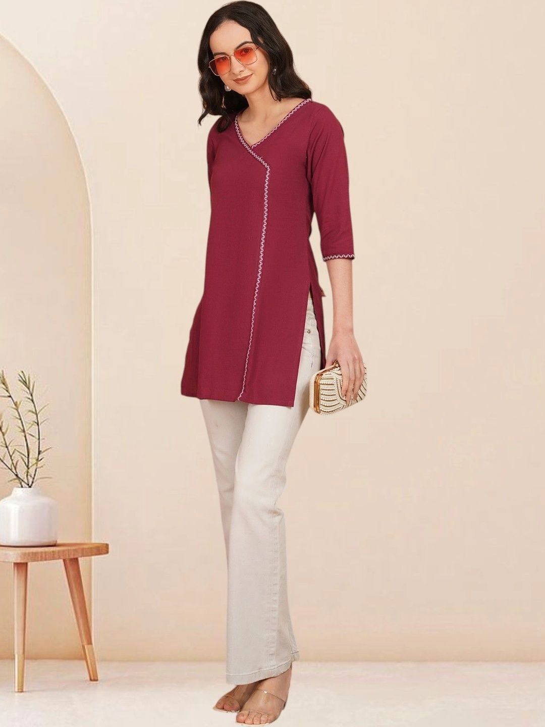 KALAMIR Embellished V-Neck Pure Cotton Blend Khadi Angrakha Kurti-picture-39