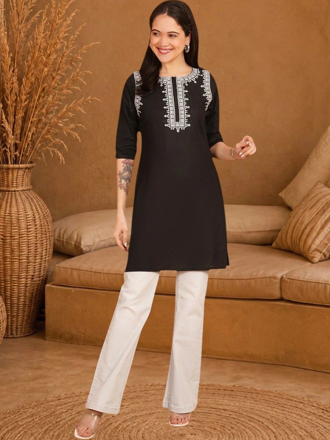 Anouk Rustic Ethnic Motifs Embroidered Thread Work Pure Cotton Blend Khadi Thread Work Kurti-picture-30
