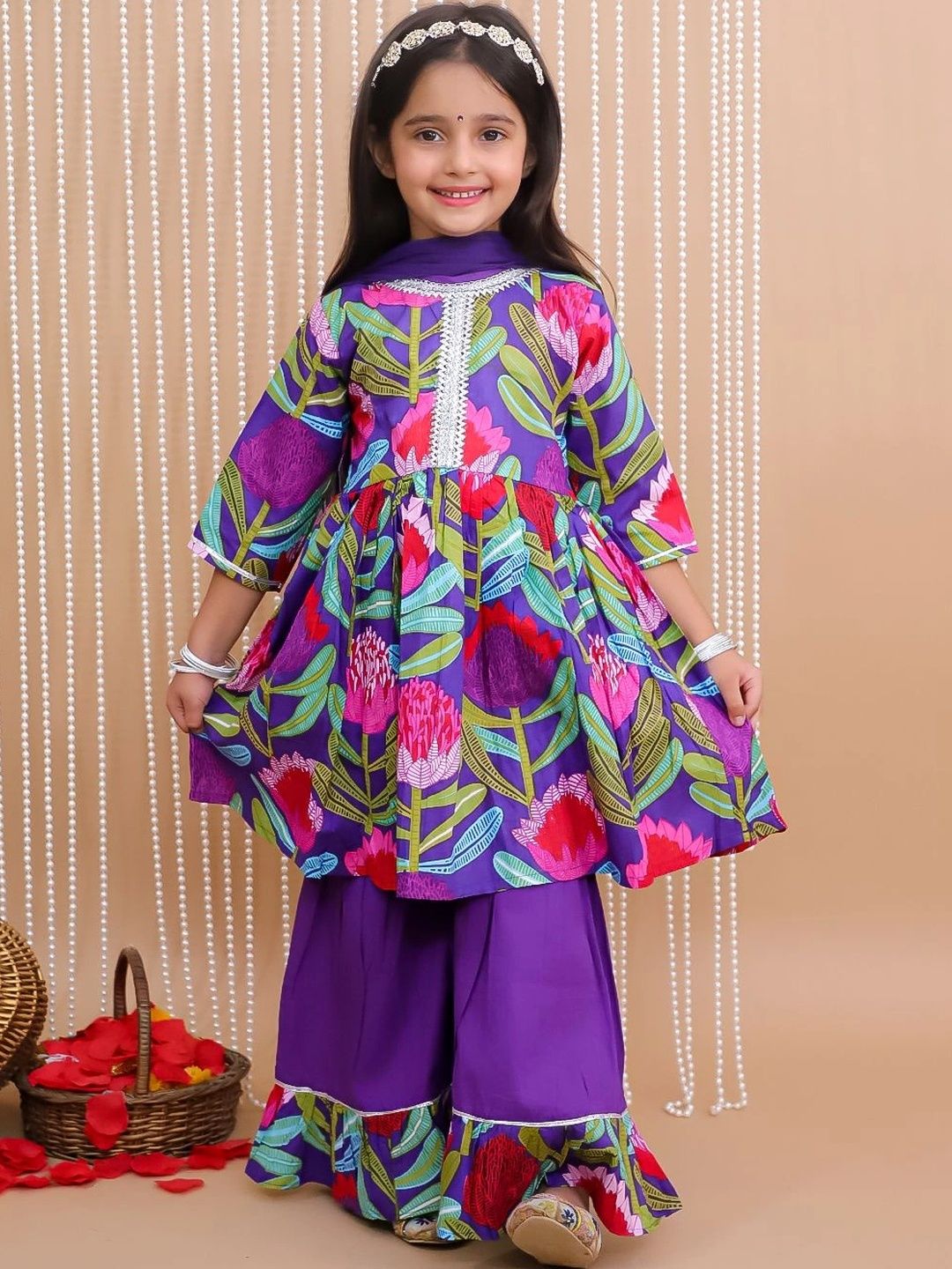 KID1 Girls Floral Printed Empire Pure Cotton Kurta with Palazzos & With Dupatta-picture-10