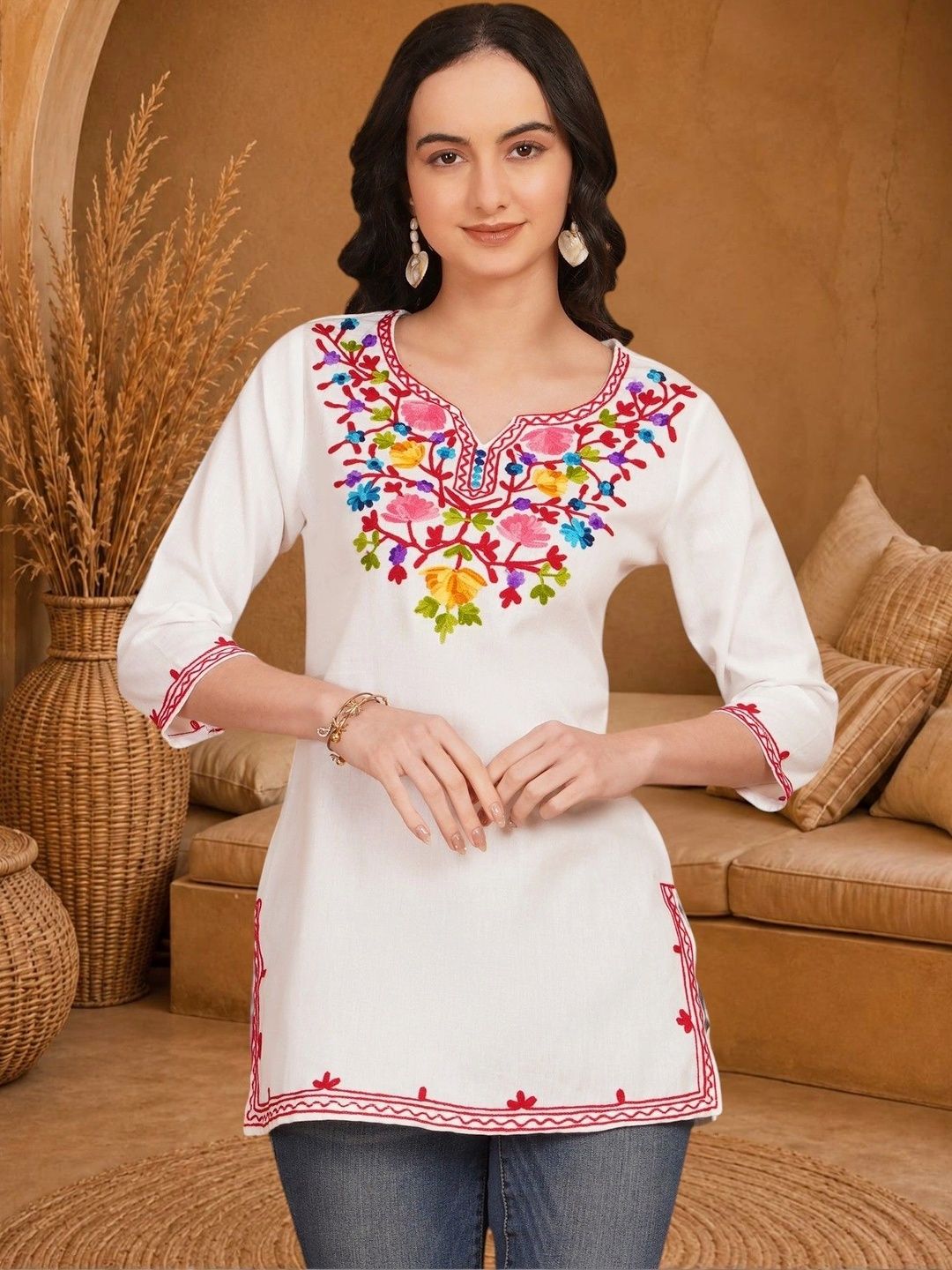 Anouk Rustic Floral Embroidered V-Neck Thread Work Pure Cotton Blend Khadi Thread Work Kurti-picture-17