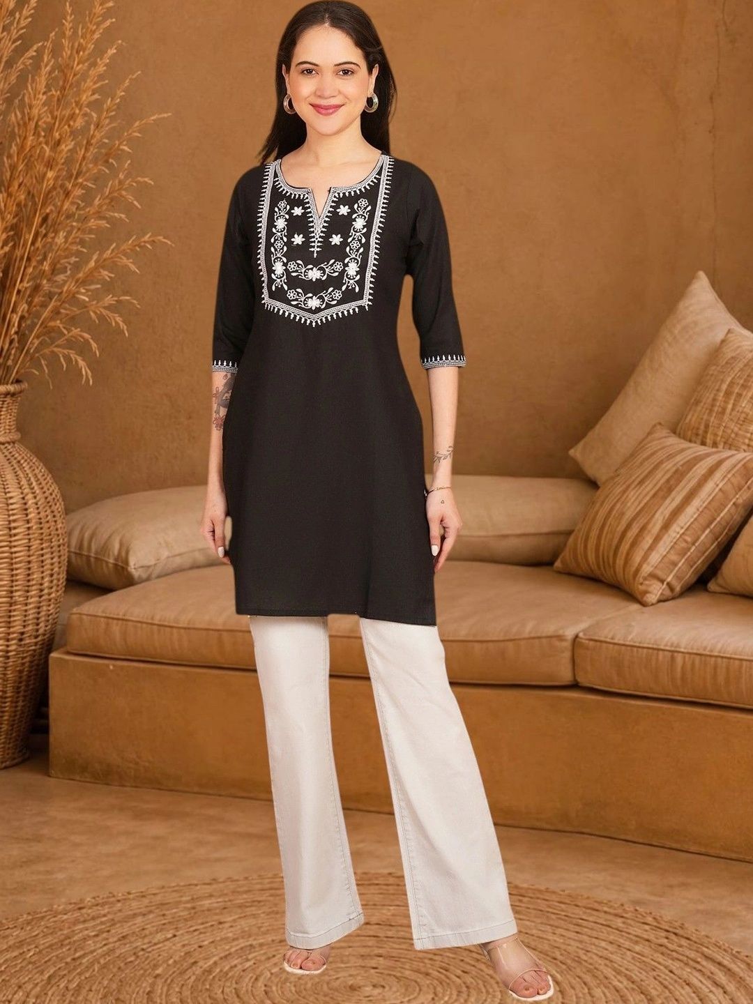 Anouk Rustic Ethnic Motifs Embroidered Thread Work Pure Cotton Blend Khadi Thread Work Kurti-picture-32