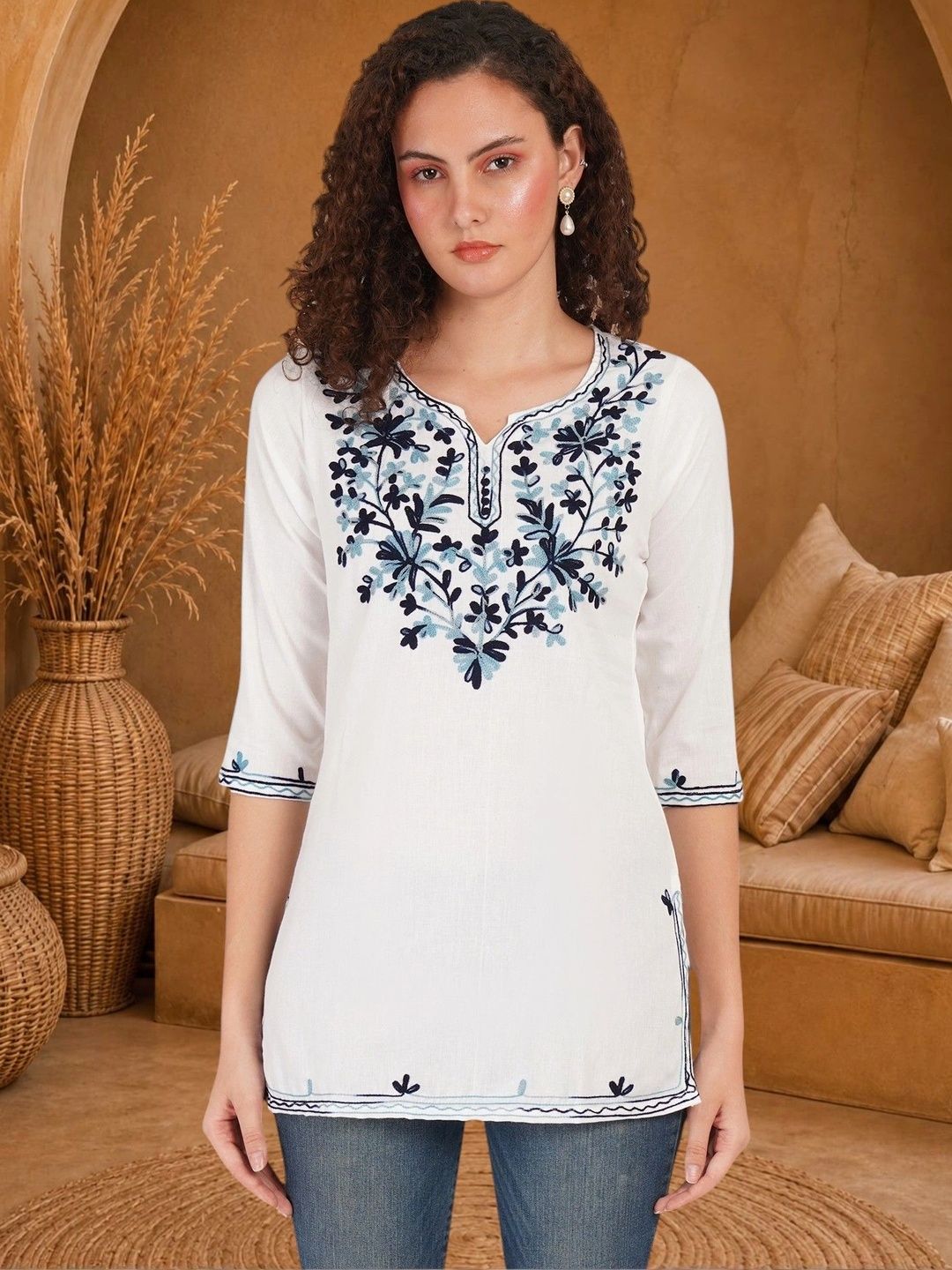 Anouk Rustic Floral Embroidered V-Neck Thread Work Pure Cotton Blend Khadi Thread Work Kurti-picture-18