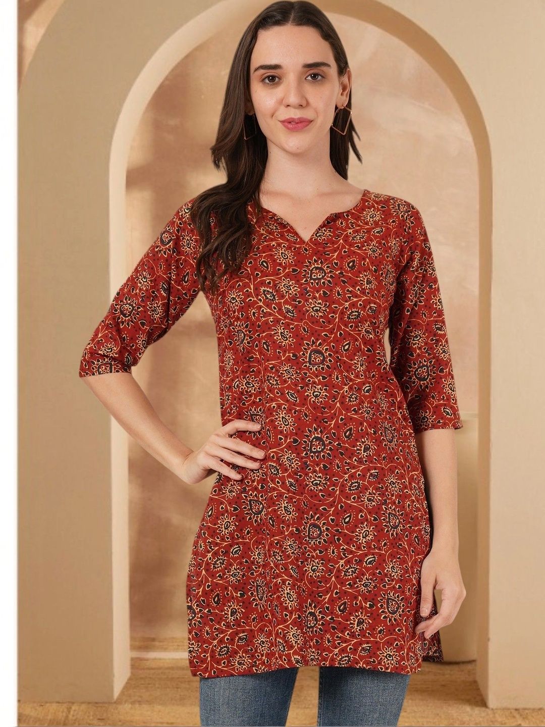 Anouk Rustic Floral Printed V-Neck Pure Cotton Blend Khadi Kurti-picture-18