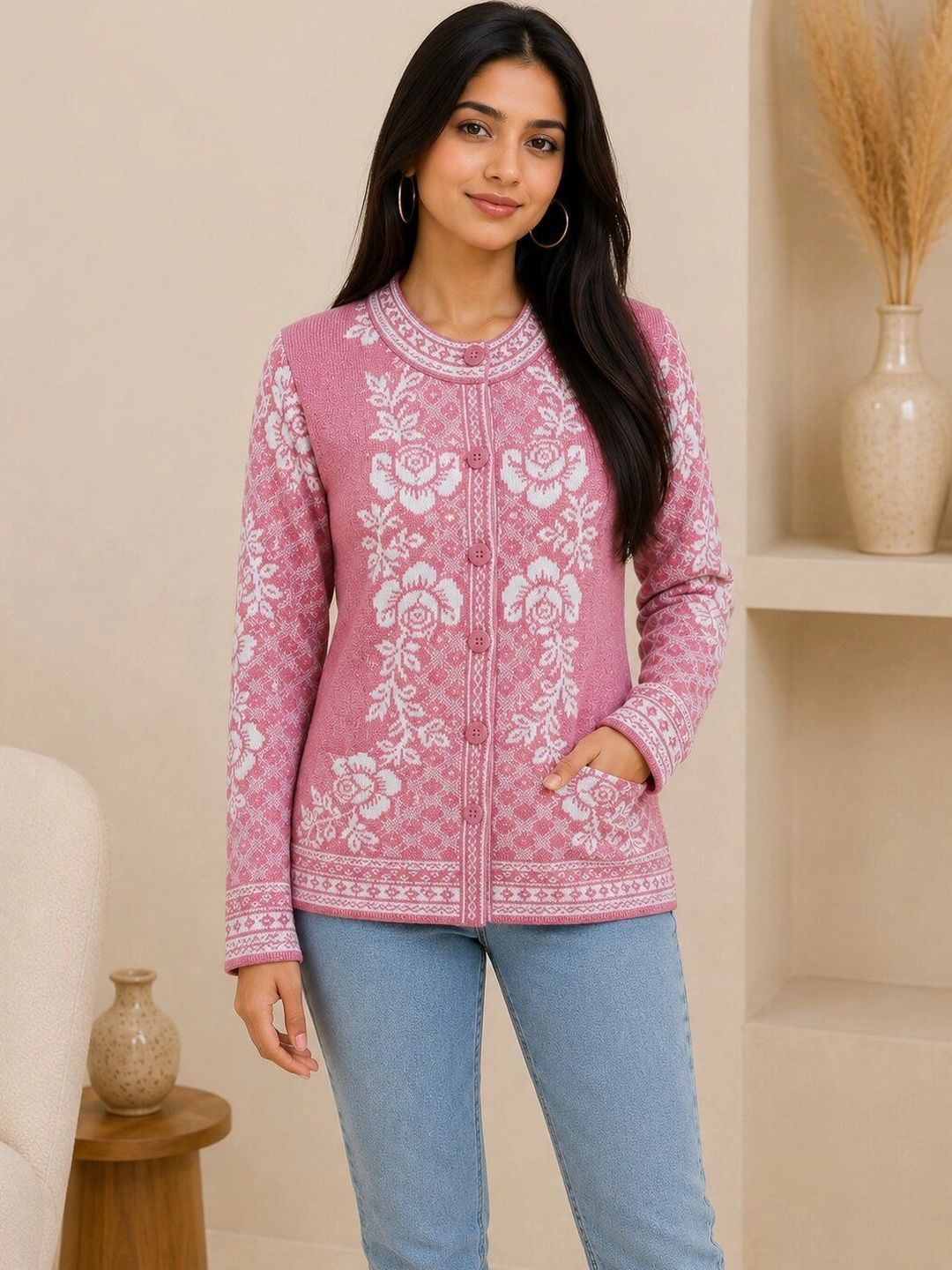 HIMYUG Women Floral Printed Woollen Cardigan-picture-14