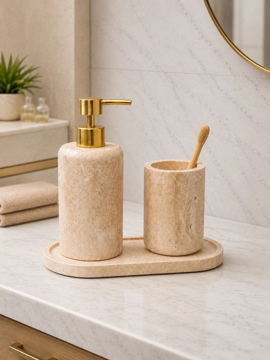 GRD INTERNATIONAL Beige 3 piece Textured Marble Bath Accessories Set-picture-51