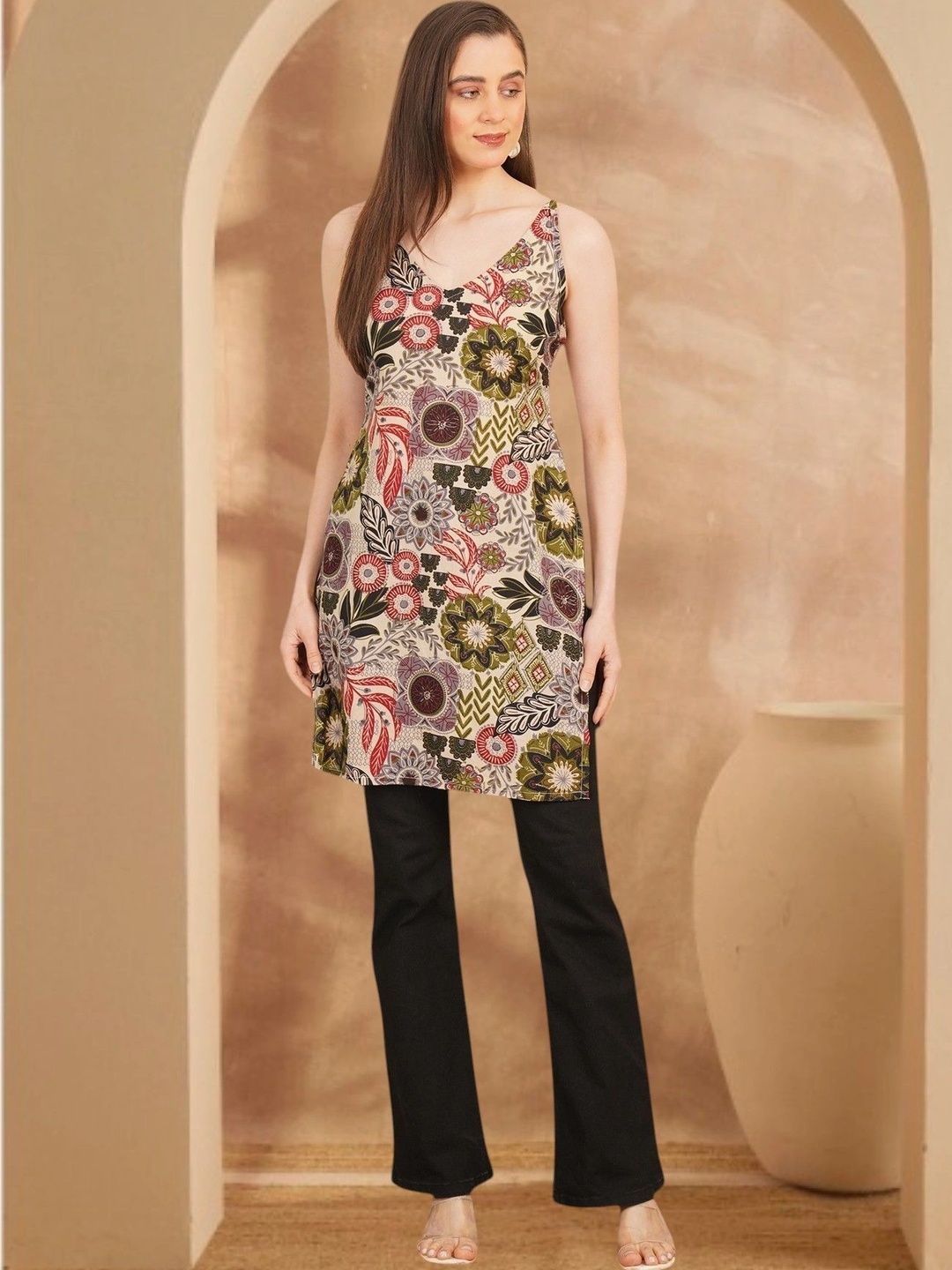 Anouk Rustic Floral Printed V-Neck Pure Cotton Blend Khadi Kurti-picture-49
