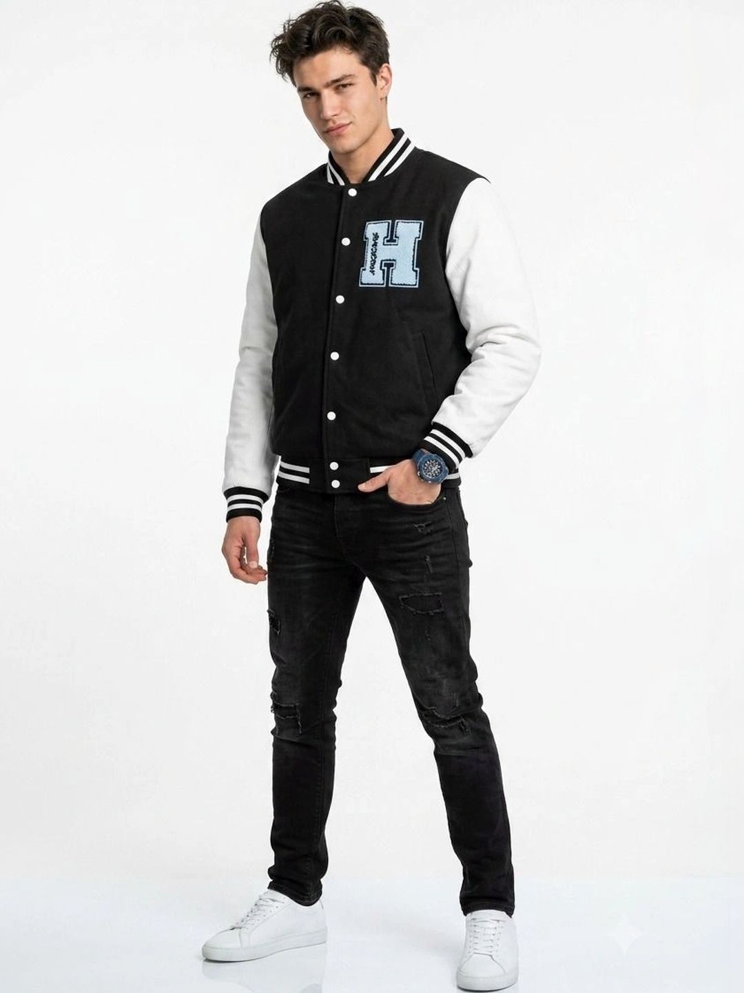 oiin Men Colourblocked Fleece Blend Varsity Jacket-picture-30
