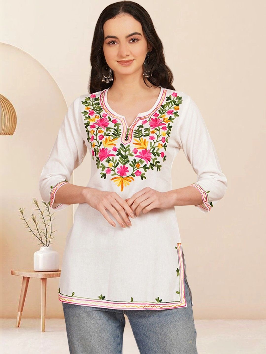 KALAMIR Floral Embroidered V-Neck Thread Work Pure Cotton Blend Khadi Thread Work Kurti-picture-16