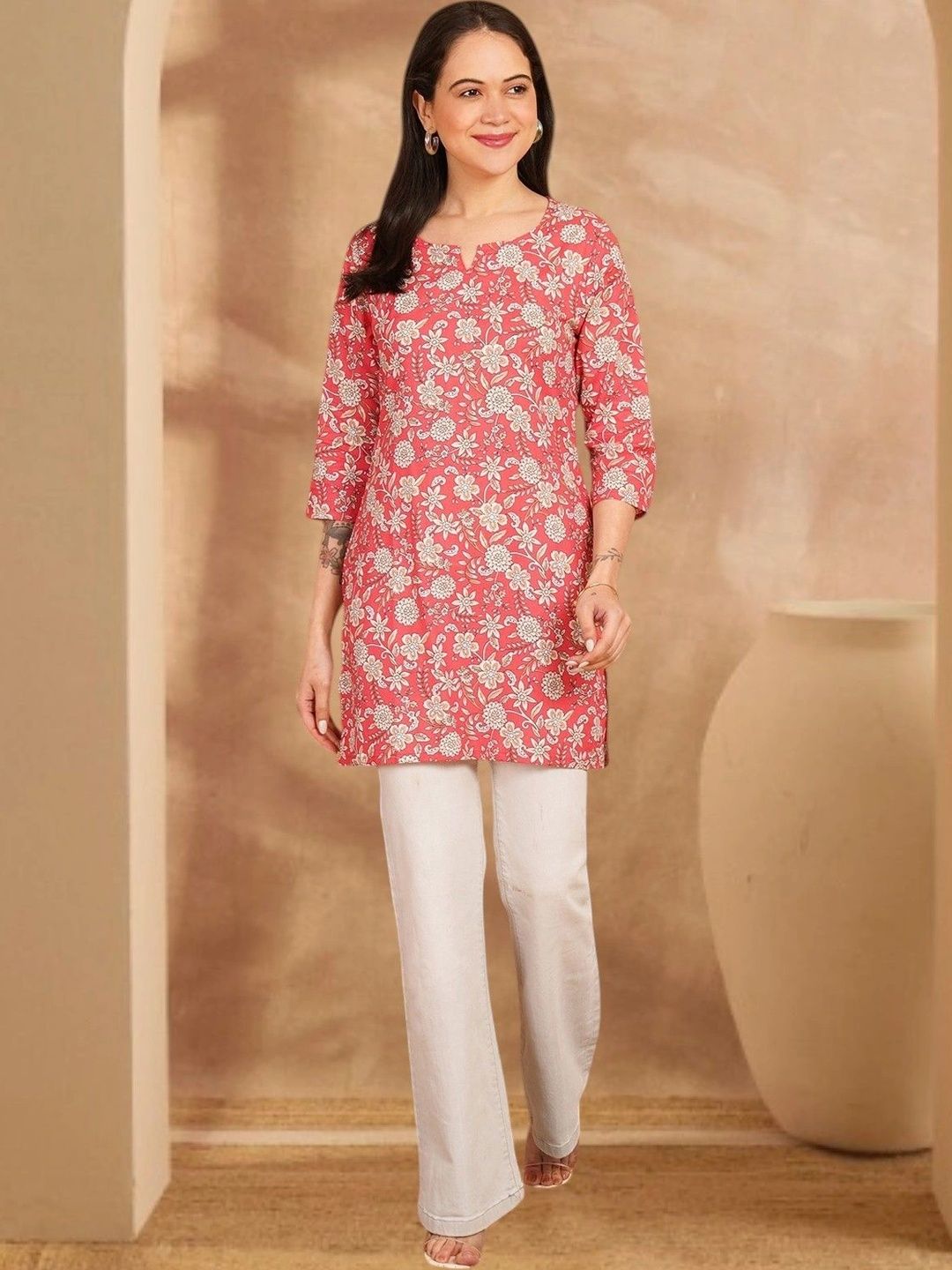 Anouk Rustic Floral Printed V-Neck Pure Cotton Blend Khadi Kurti-picture-14