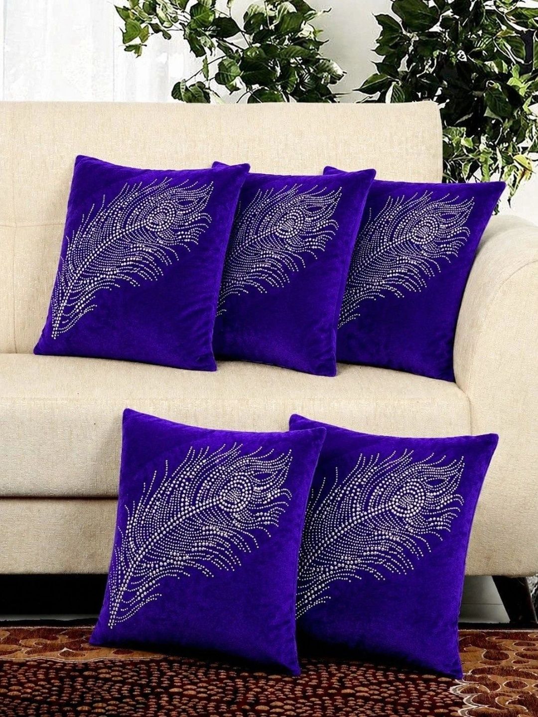 LOFEY Purple Set of 5 Velvet Square Cushion Covers-picture-51