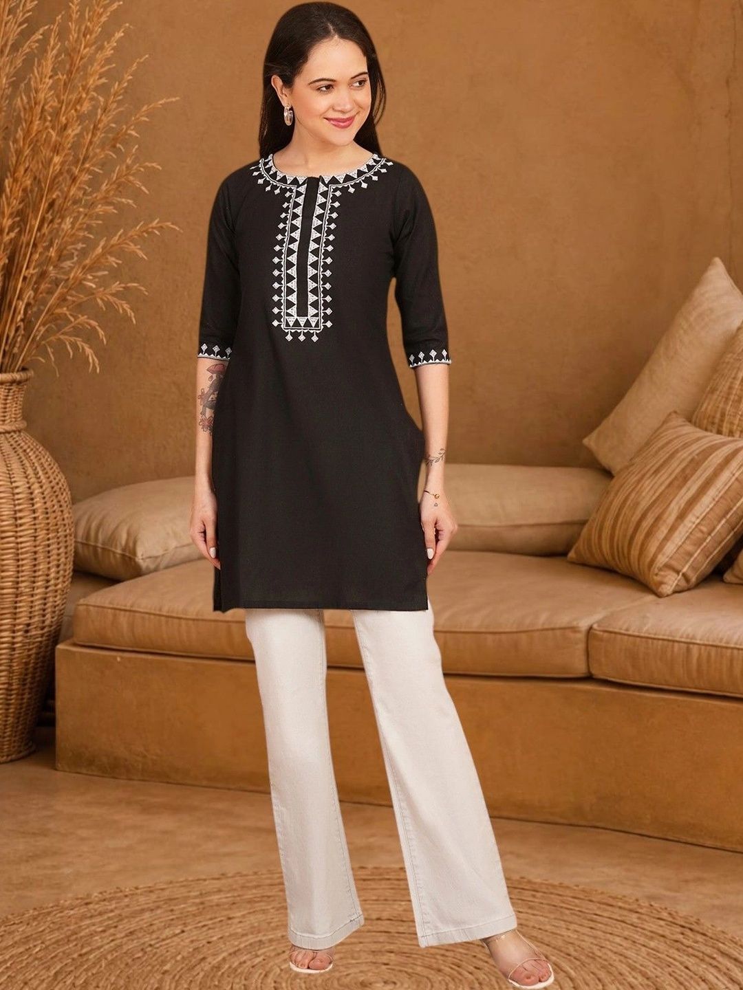 Anouk Rustic Embroidered Thread Work Pure Cotton Blend Khadi Thread Work Kurti-picture-11