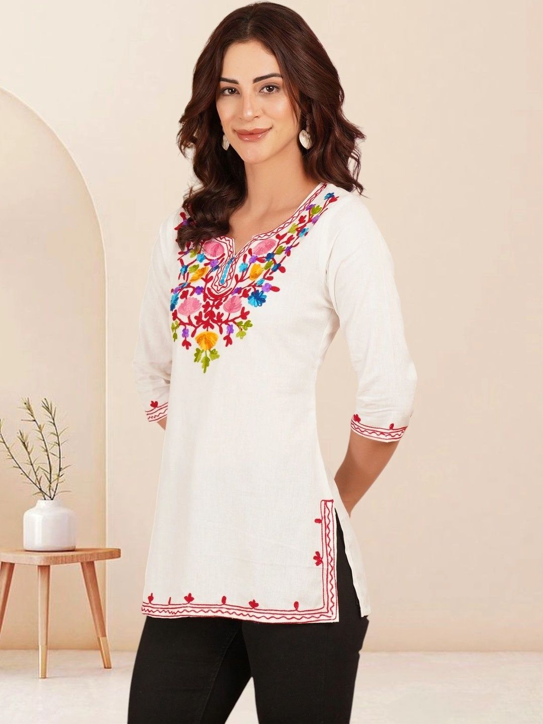 KALAMIR Floral Embroidered V-Neck Pure Cotton Blend Khadi Kurti-picture-16