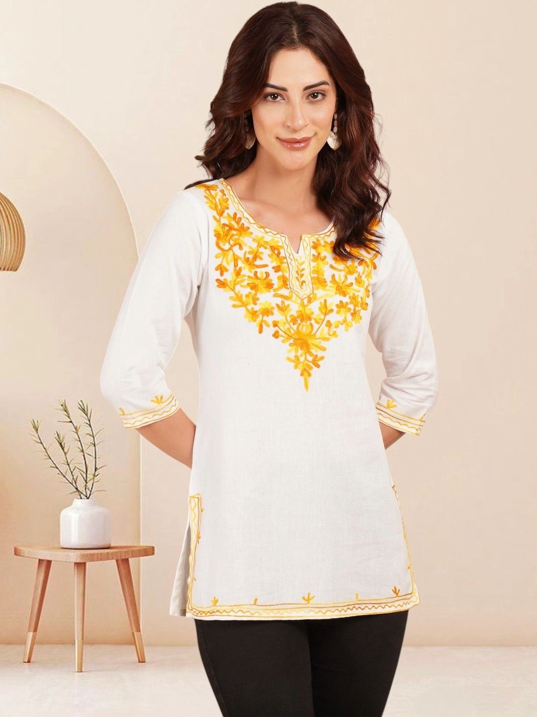 KALAMIR Ethnic Motifs Embroidered V-Neck Thread Work Pure Cotton Blend Khadi Thread Work Kurti-picture-33