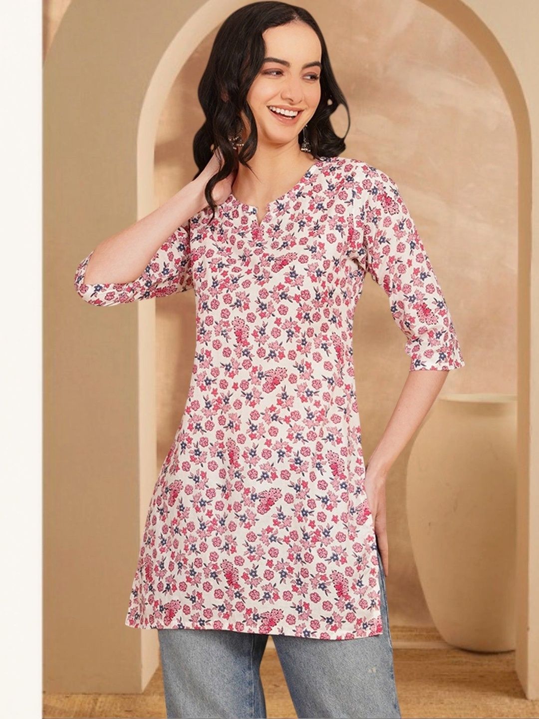 Anouk Rustic Floral Printed V-Neck Pure Cotton Blend Khadi Kurti-picture-19