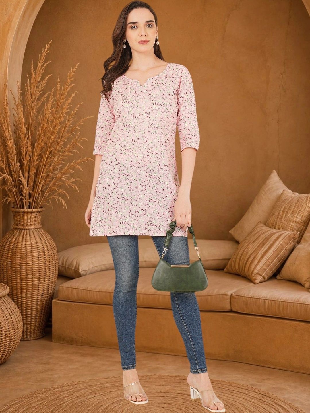 Anouk Rustic Floral Printed V-Neck Pure Cotton Blend Khadi Kurti-picture-31