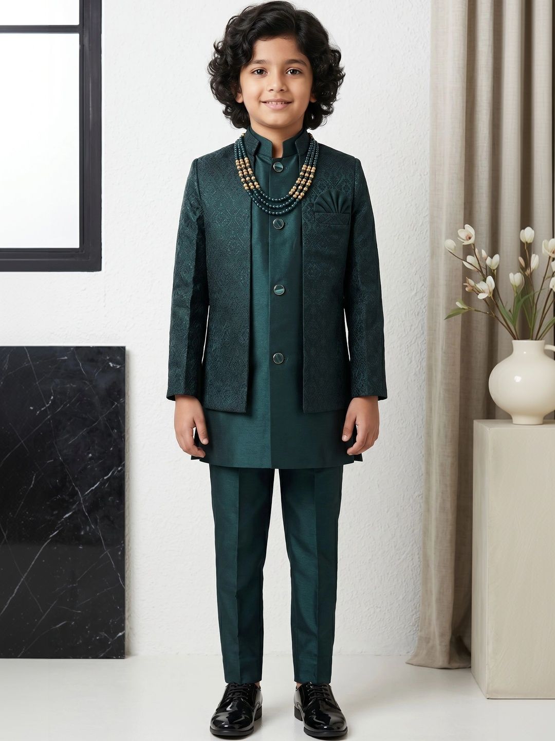 ahhaaaa Boys Embroidered Mandarin Collar Bandhgala Jodhpuri Sherwani Set-picture-16