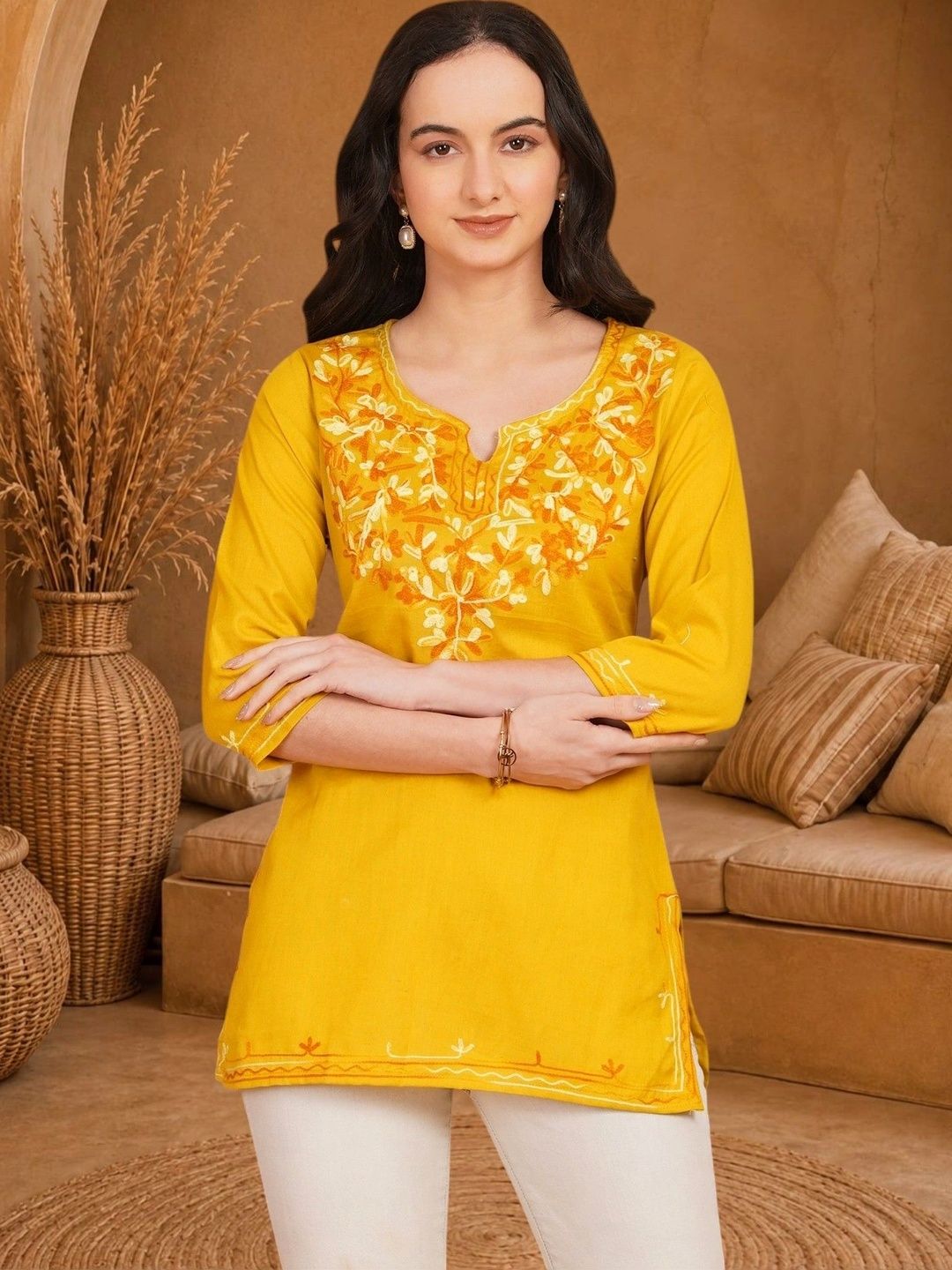 Anouk Rustic Ethnic Motifs Embroidered Thread Work Pure Cotton Blend Khadi Thread Work Kurti-picture-22