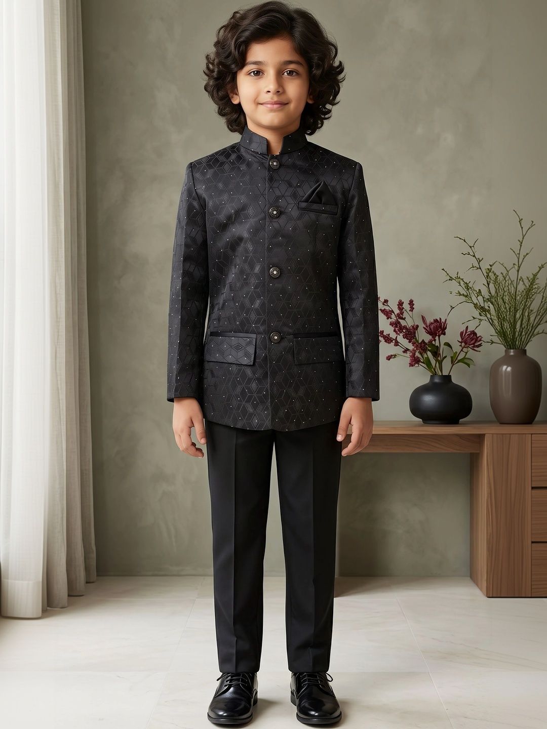 ahhaaaa Boys Embroidered Mandarin Collar Bandhgala Jodhpuri Sherwani Set-picture-41