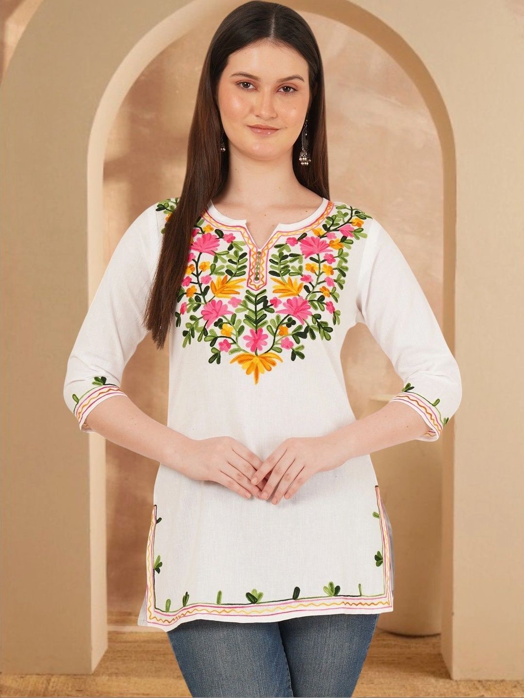 Anouk Rustic Floral Embroidered V-Neck Pure Cotton Blend Khadi Kurti-picture-24
