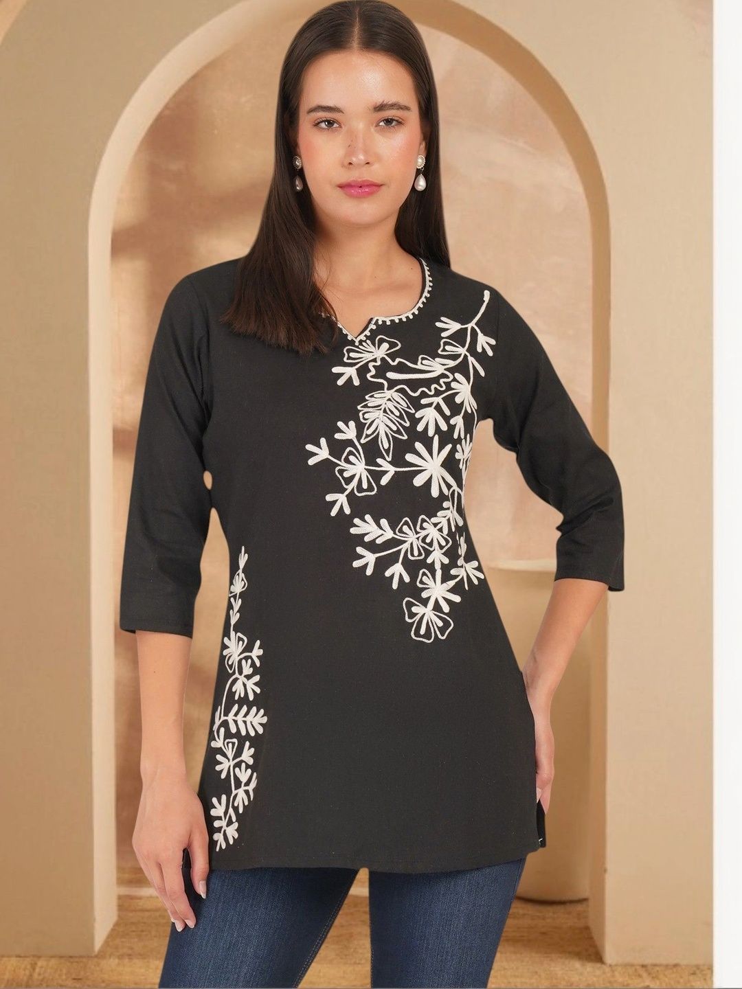 Anouk Rustic Floral Embroidered Thread Work Pure Cotton Blend Khadi Thread Work Kurti-picture-21