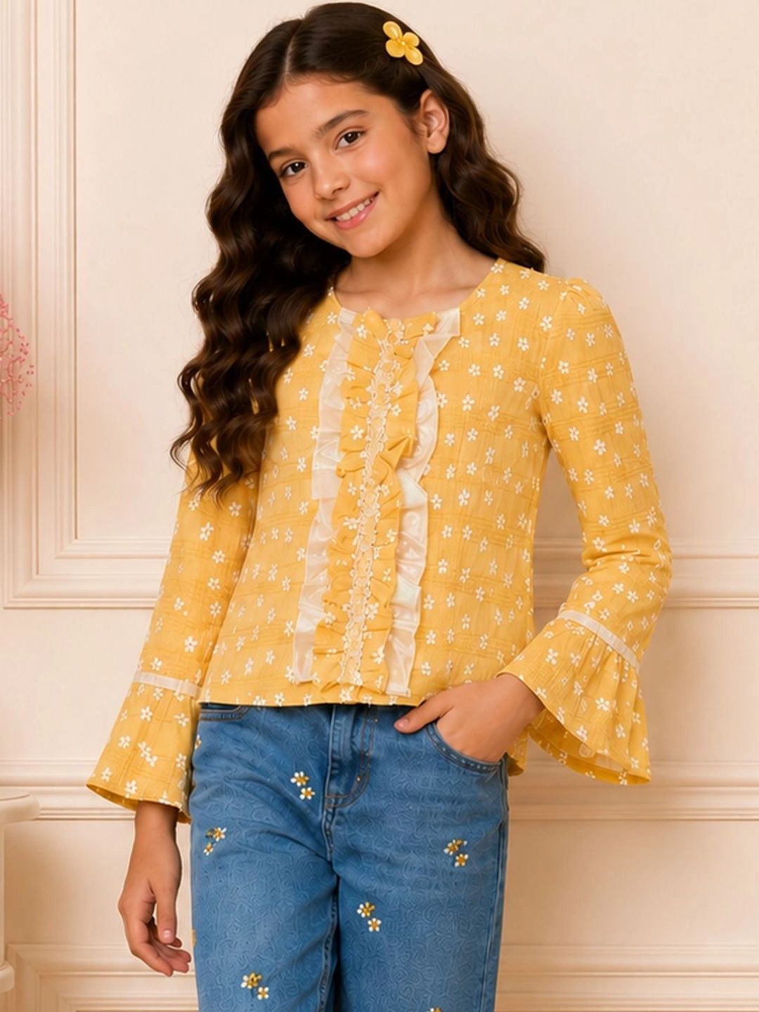 CUTECUMBER Floral Print Bell Sleeve Ruffles Georgette Top-picture-28
