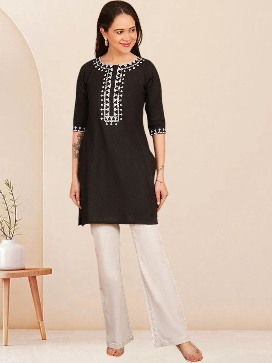 KALAMIR Ethnic Motifs Embroidered Thread Work Pure Cotton Blend Khadi Thread Work Kurti-picture-43