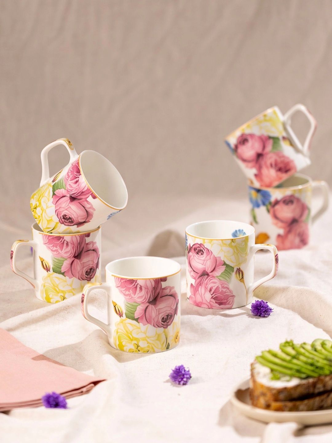 GOLDEN QUEEN'S Pink Floral Printed Bone China Glossy Mugs Set of Cups and Mugs-image-15