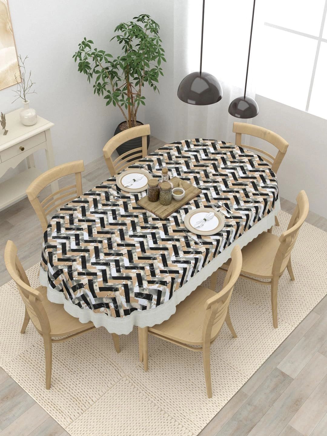 Aura Beige Geometric Printed Waterproof Oval 6-Seater Table Cover with Textured details-picture-30