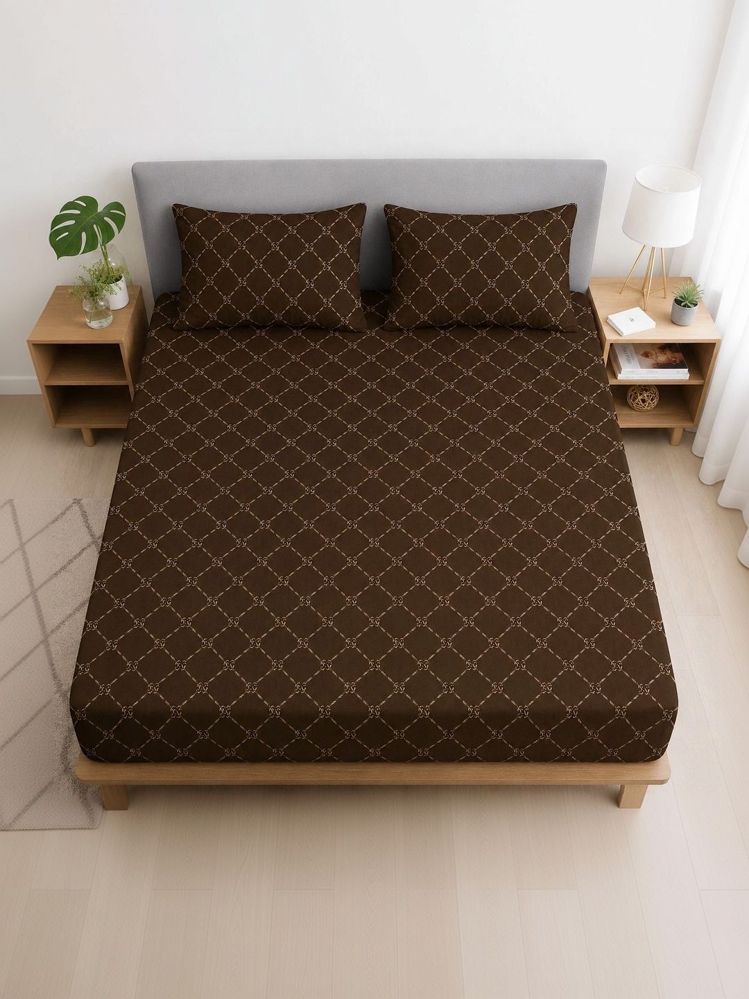 BLUEDOT Brown & Red Geometric 350 TC King Bedsheet with 2 Pillow Covers-picture-7