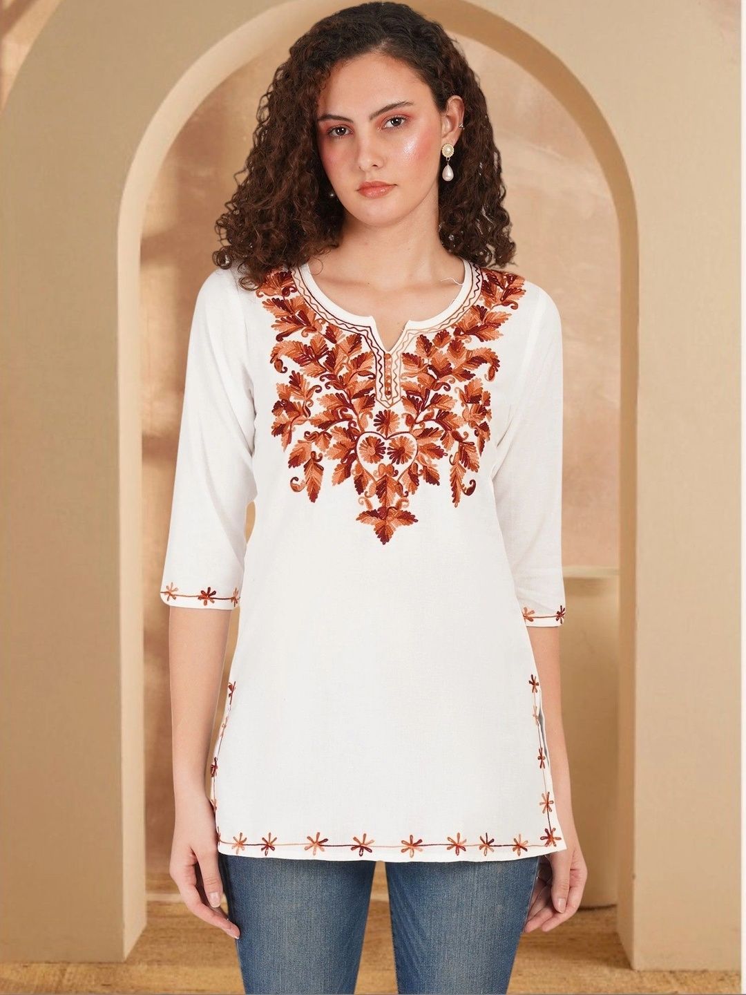 Anouk Rustic Floral Embroidered V-Neck Pure Cotton Blend Khadi Kurti-picture-26