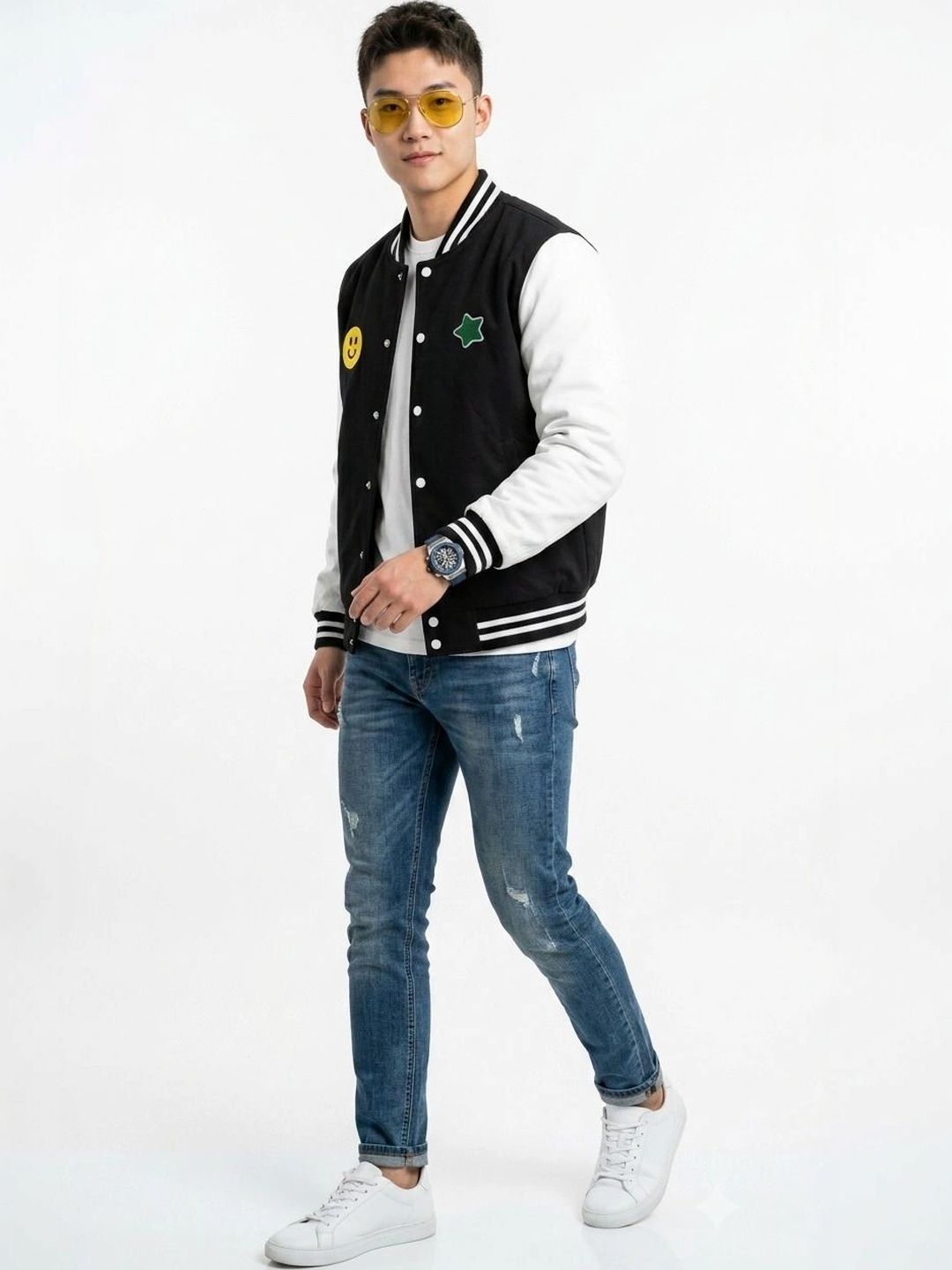 oiin Men Colourblocked Fleece Blend Varsity Jacket-picture-18