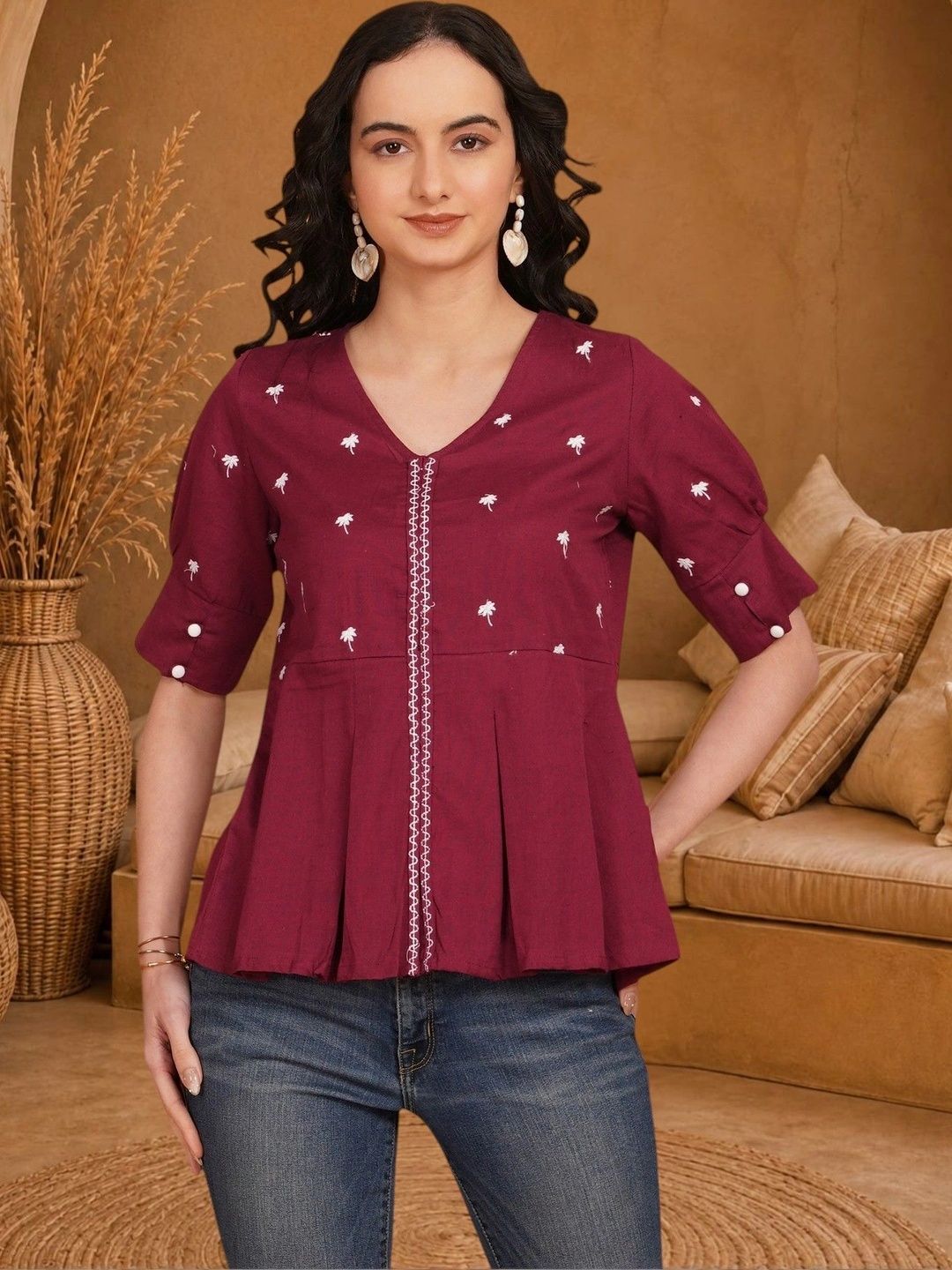Anouk Rustic Ethnic Motifs Embroidered V-Neck Pure Cotton Blend Khadi Kurti-picture-42