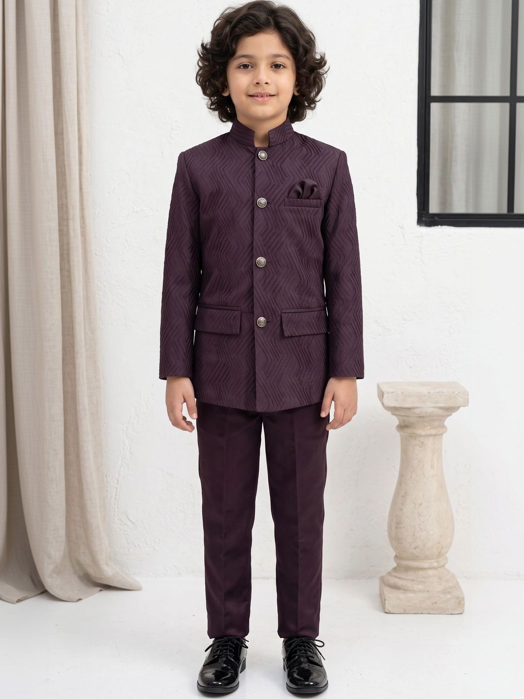 ahhaaaa Boys Embroidered Mandarin Collar Bandhgala Jodhpuri Sherwani Set-picture-50