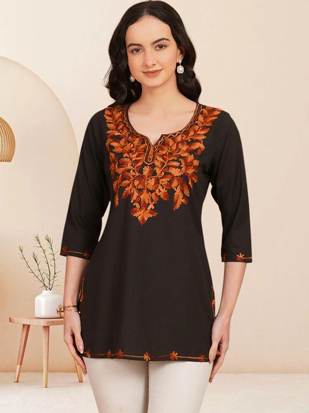 KALAMIR Ethnic Motifs Embroidered V-Neck Thread Work Pure Cotton Blend Khadi Thread Work Kurti-picture-58