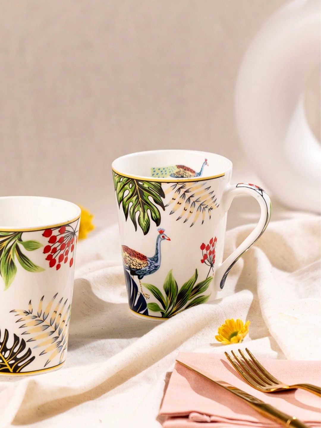 GOLDEN QUEEN'S Green Natural Elements Printed Bone China Glossy Mugs Set of Cups and Mugs-image-2