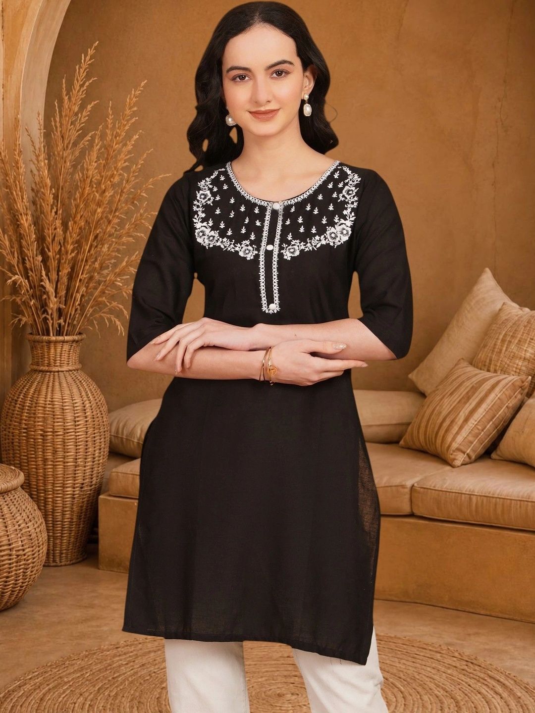 Anouk Rustic Ethnic Motifs Embroidered Thread Work Pure Cotton Blend Khadi Thread Work Kurti-picture-36