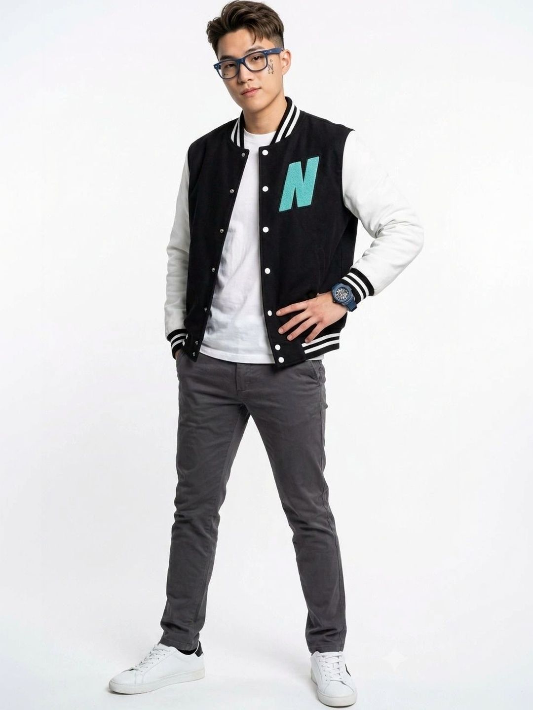 oiin Men Brand Logo Colourblocked Fleece Blend Varsity Jacket-picture-28
