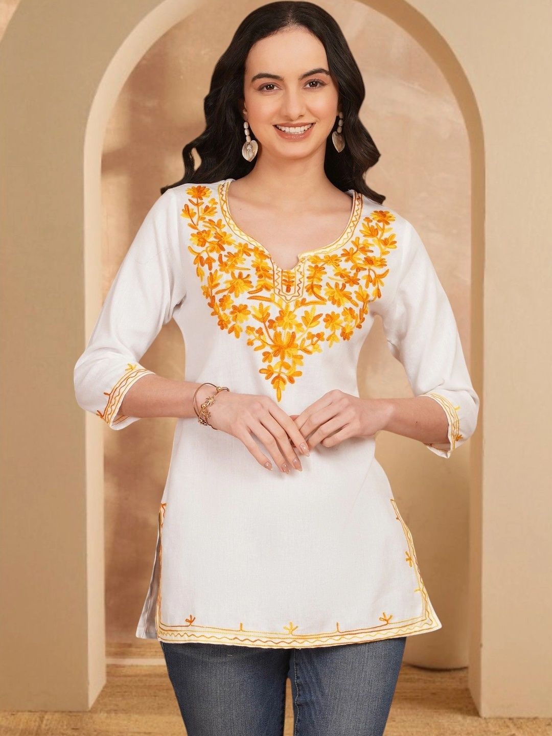 Anouk Rustic Floral Embroidered V-Neck Pure Cotton Blend Khadi Kurti-picture-23