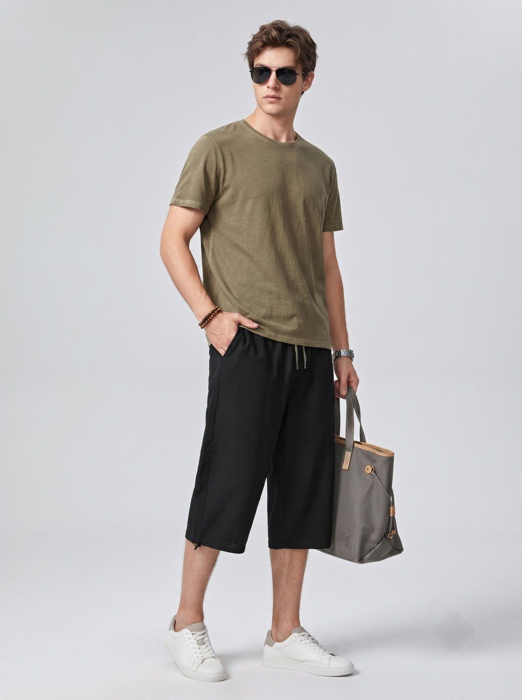 Suo Men Loose Fit Mid-Rise Below Knee Cotton Regular Shorts-picture-45