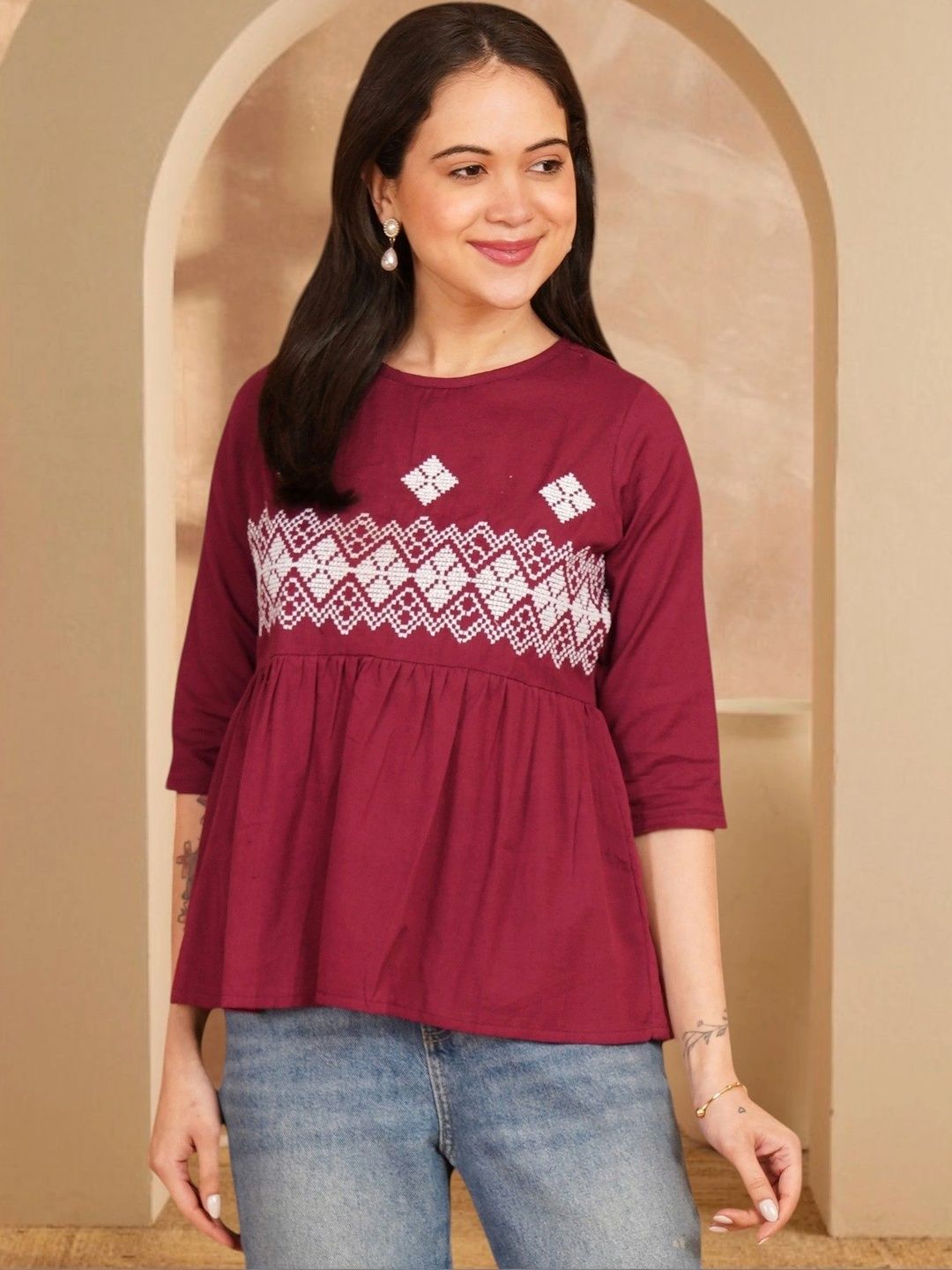 Anouk Rustic Ethnic Motifs Embroidered Pure Cotton Blend Khadi Empire Kurti-picture-32