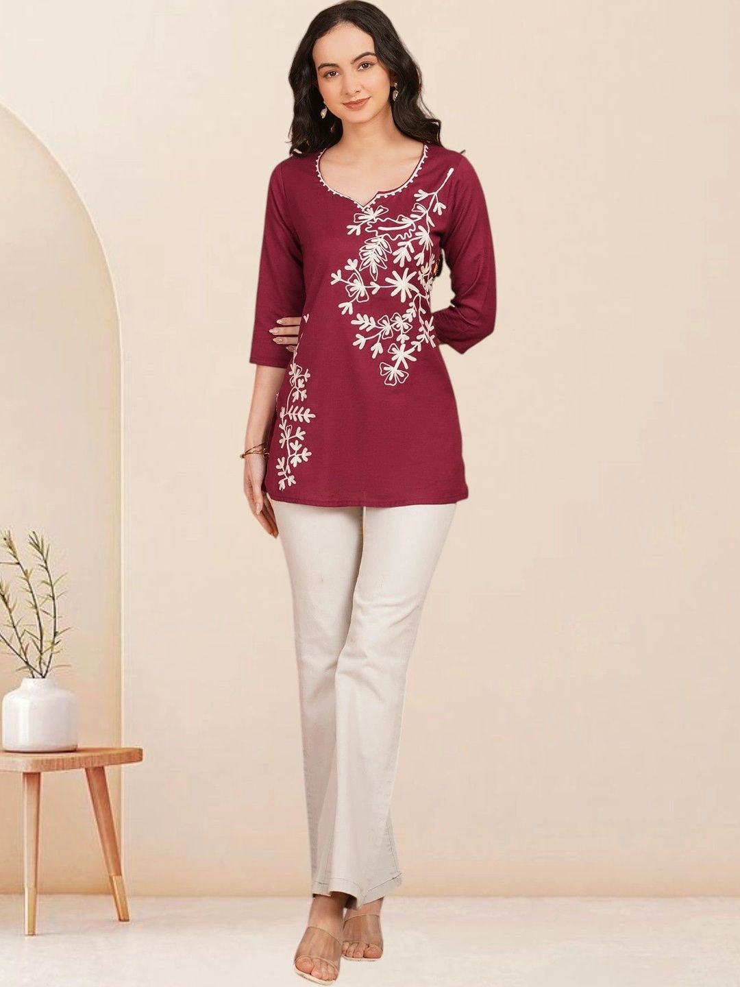 KALAMIR Floral Embroidered V-Neck Pure Cotton Blend Khadi Kurti-picture-50