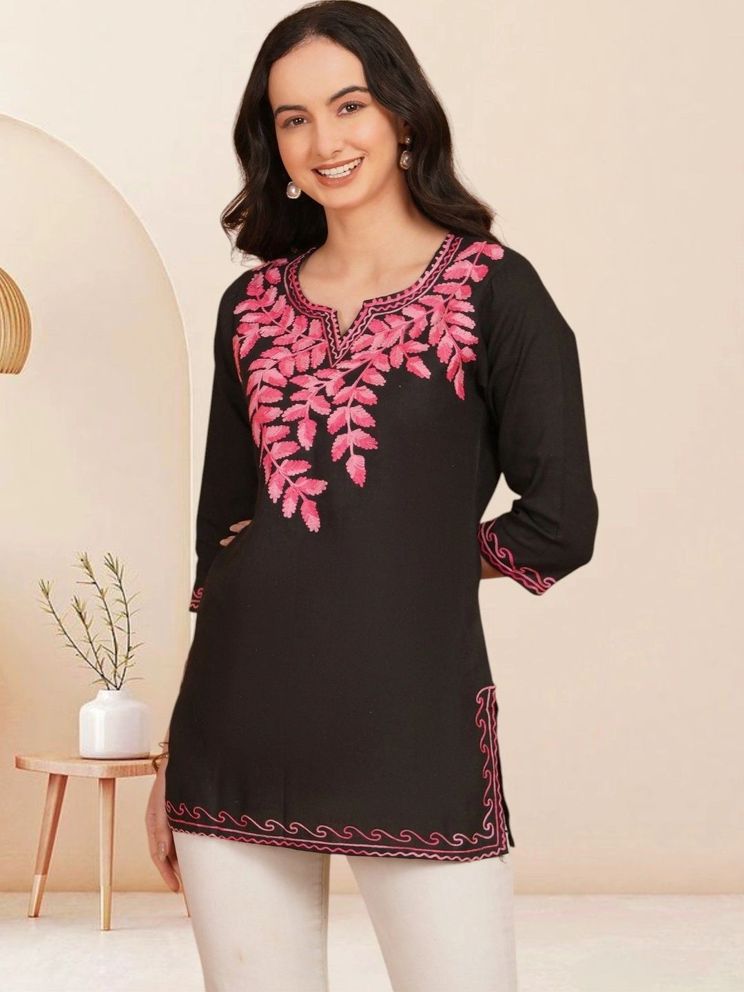 KALAMIR Ethnic Motifs Embroidered V-Neck Thread Work Pure Cotton Blend Khadi Thread Work Kurti-picture-43