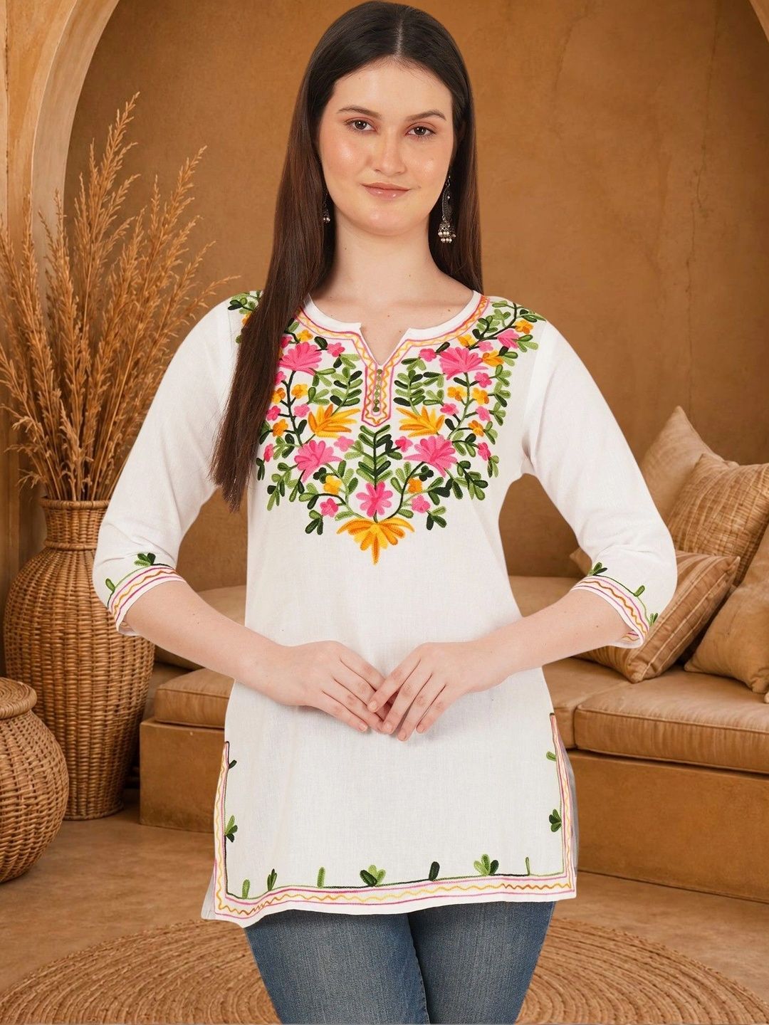 Anouk Rustic Floral Embroidered Thread Work Pure Cotton Blend Khadi Thread Work Kurti-picture-17