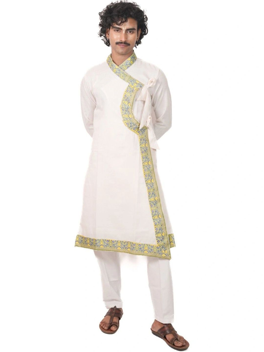 DHARniya Men Ethnic Motifs Embroidered Angrakha Thread Work Pure Cotton Kurta with Pyjamas-picture-44