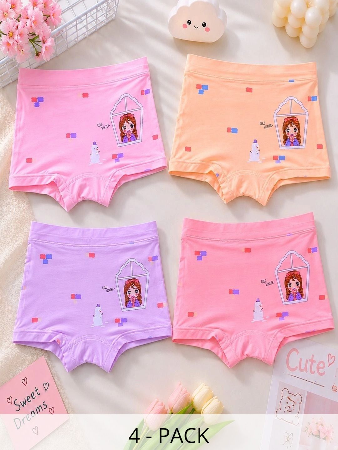 IRAVIA Girls Pack of 4 Printed Assorted Cotton Boy Shorts-image-47