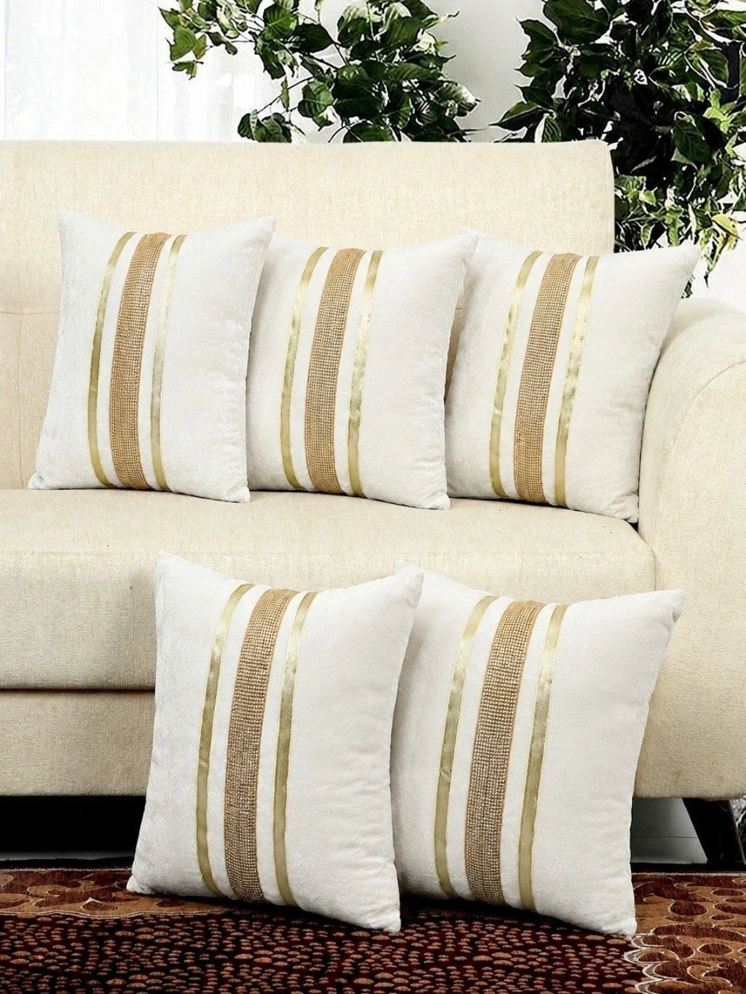 LOFEY White Set of 5 Striped Velvet Square Cushion Covers-image-41