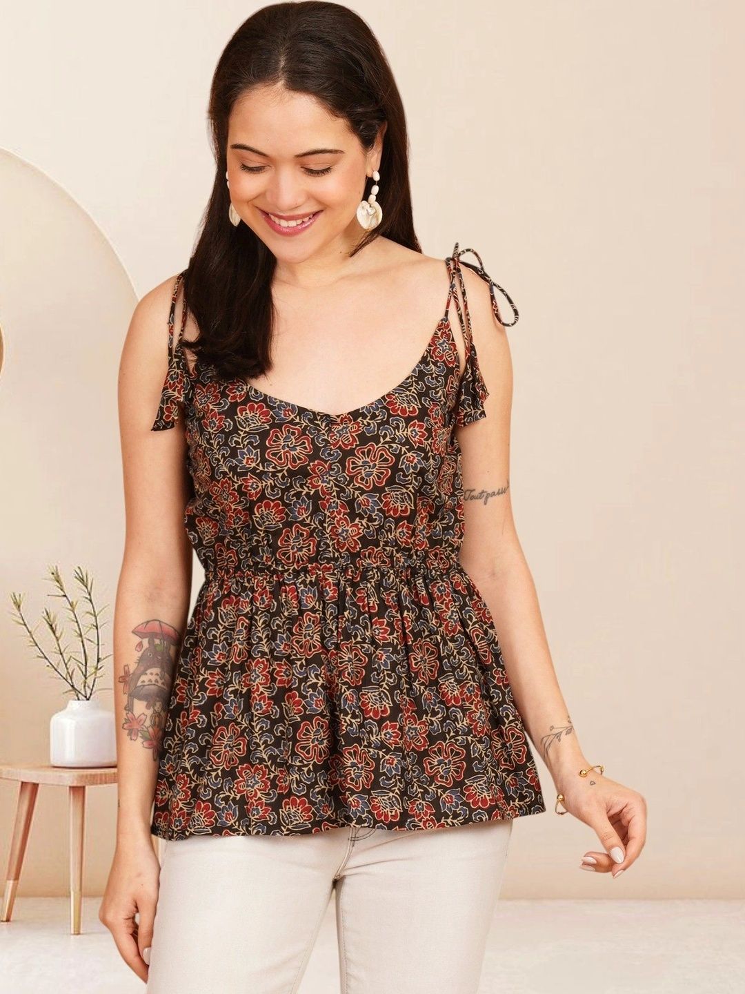 KALAMIR Floral Printed V-Neck Pure Cotton Blend Khadi Empire Kurti-picture-50