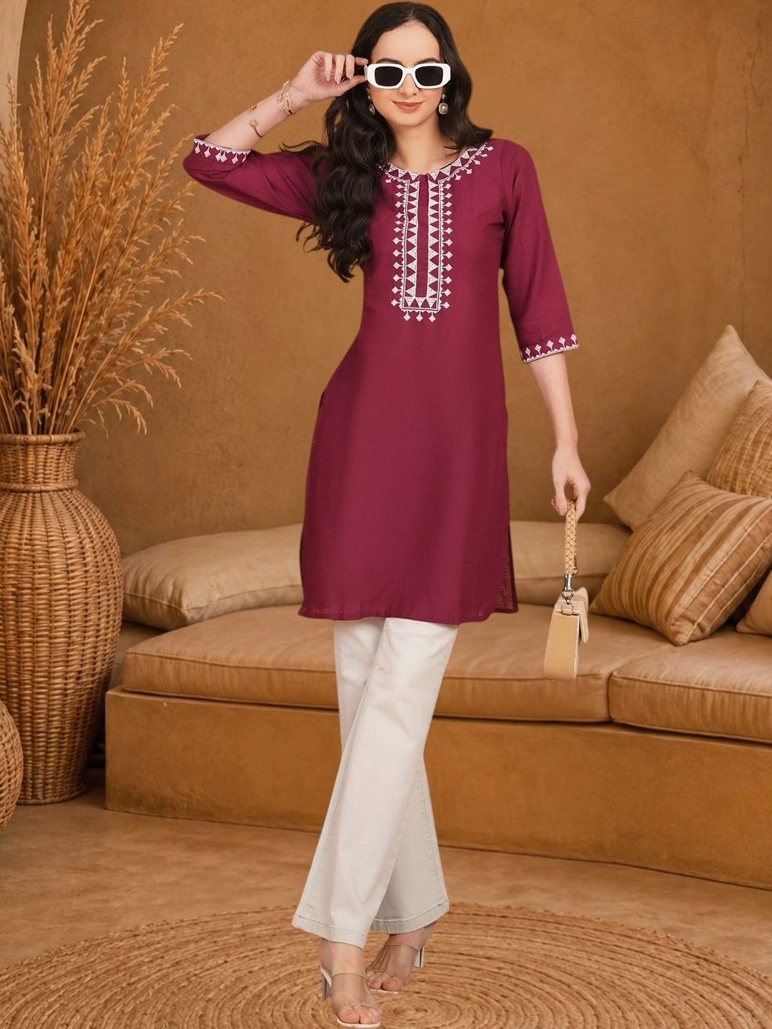 Anouk Rustic Ethnic Motifs Embroidered Thread Work Pure Cotton Blend Khadi Thread Work Kurti-picture-41
